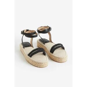 H&M Sandals 38 EU 7 US Braided Detail Espadrilles Platform Ankle Strap Black